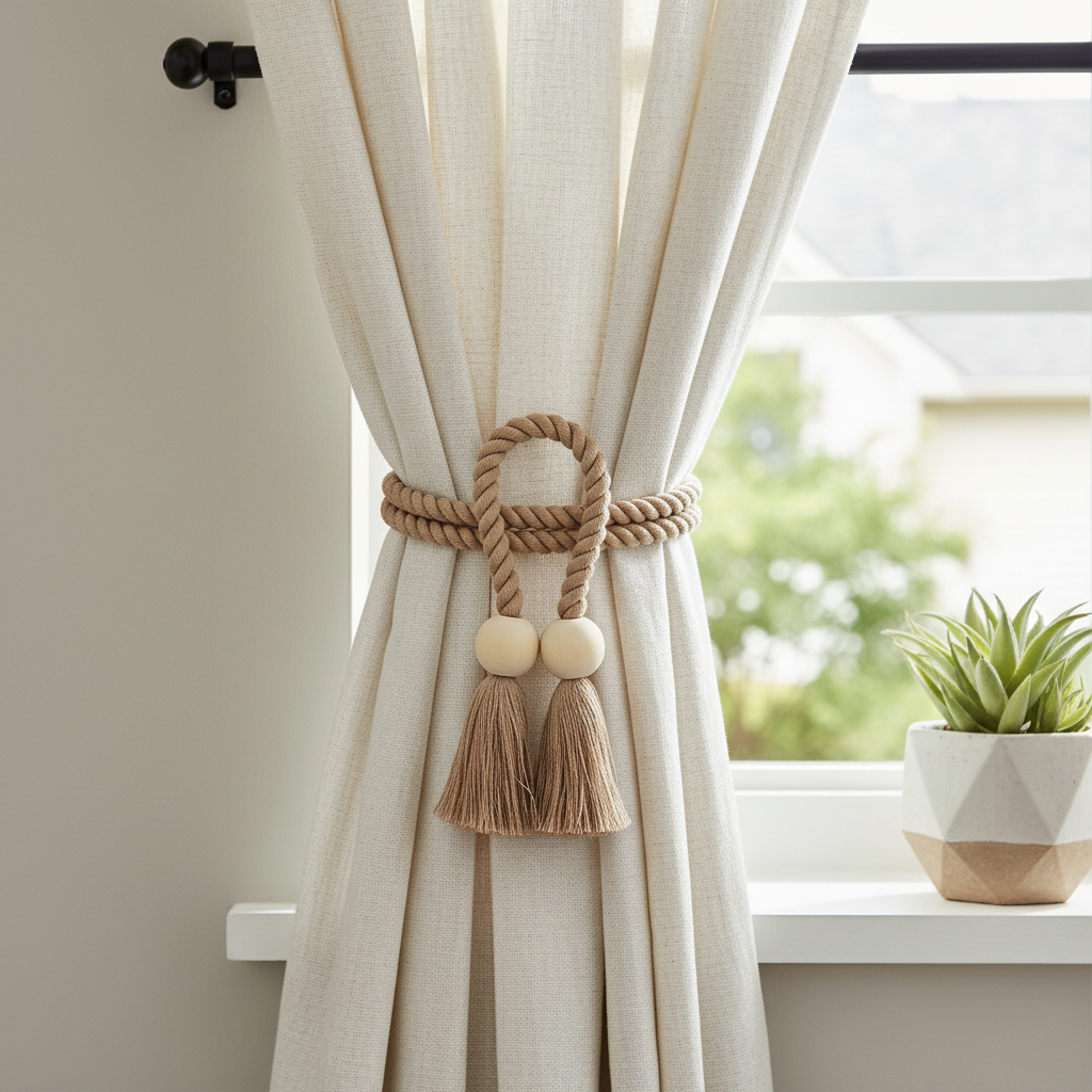 Wooden bead tassel curtain tie-back holding back a curtain at a window