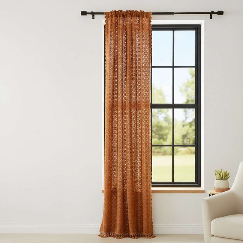 Amber Glow Boho Crochet Curtain lifestyle - hung on window