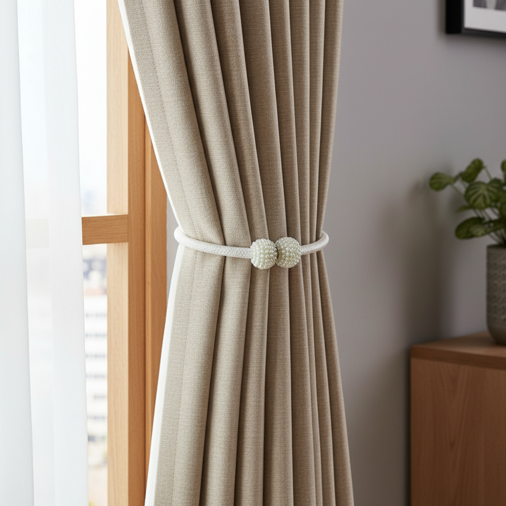 Magnetic pearl curtain tie-back holding back a curtain at a window