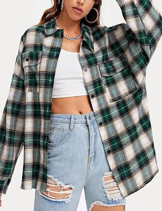 Ruby Women's Oversized Blouse | Plaid, Long Sleeve, Button