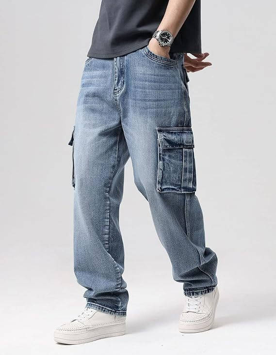 Tristan Men's Wide Leg Cargo Pants | Pocket, Loose Fit, Denim
