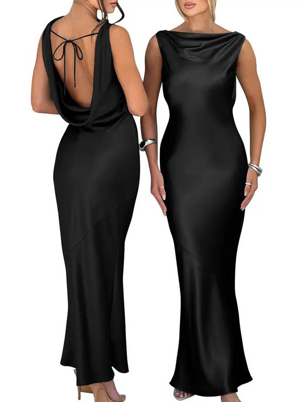 Thea Women's Satin Maxi Dress - back view