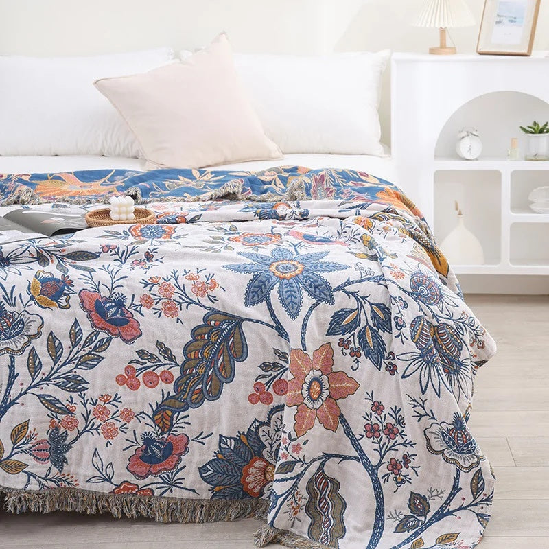 Rustic Artistic Flora Cotton Blanket