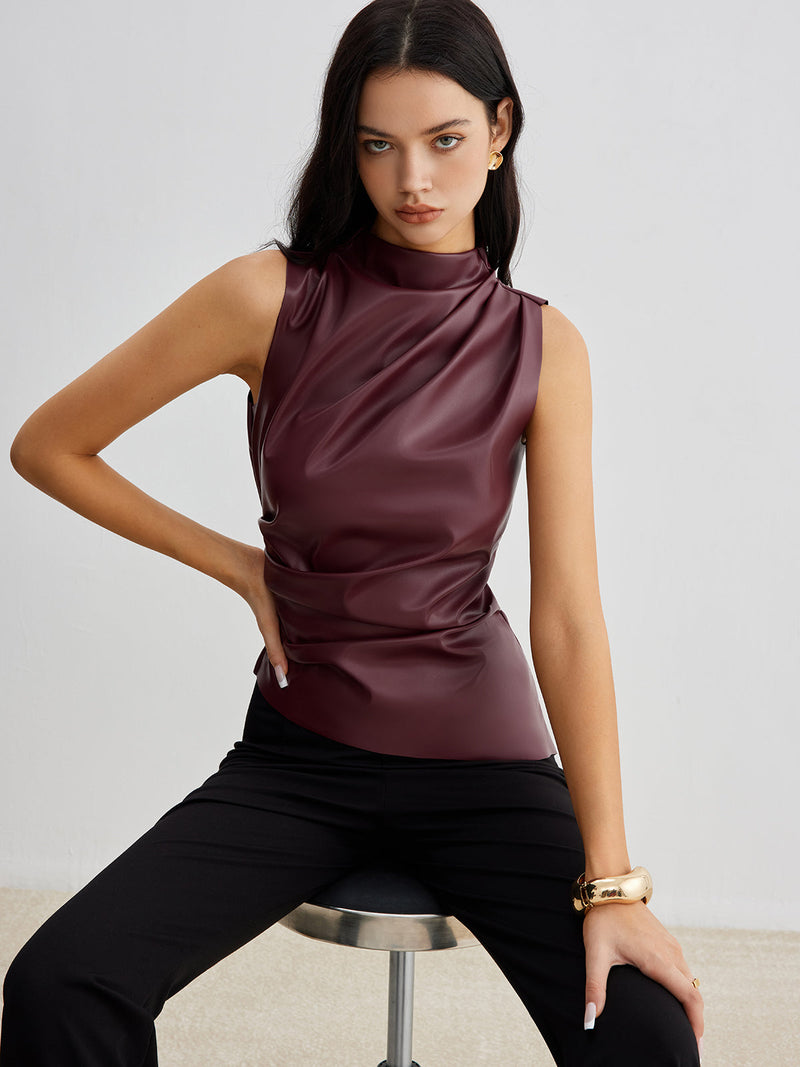 Sophie Women's Pleated Tank Top | Faux Leather, Mock Neck, Sleeveless