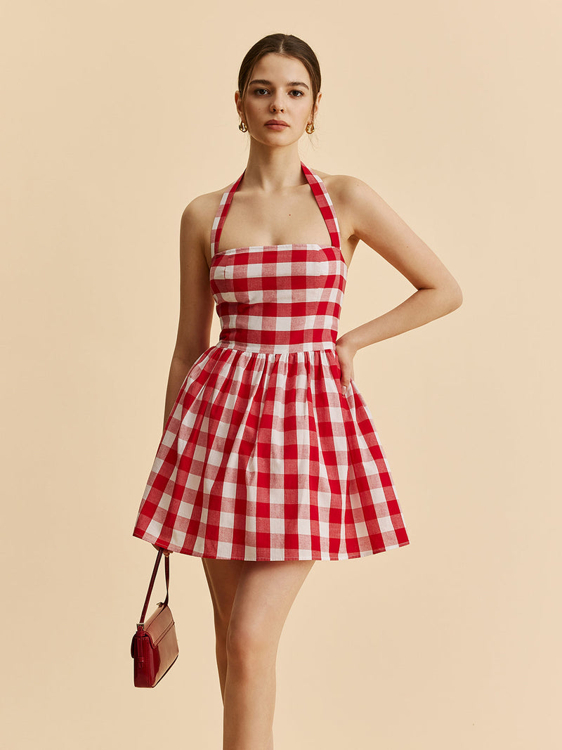 Beatrix Women's Pleated Dress | Plaid, Halter, Cotton