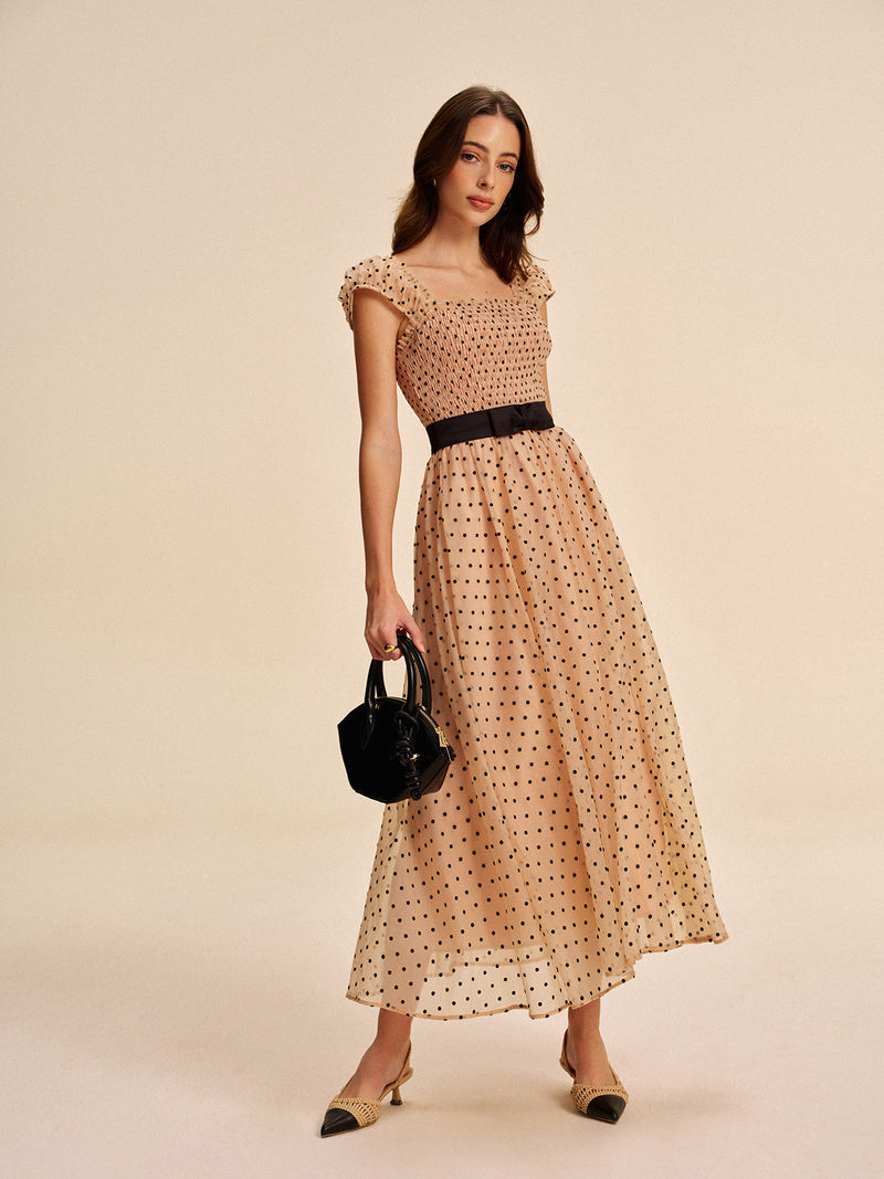 Dahlia Women's Pleated Dress | Belted, Polka Dot, Mesh