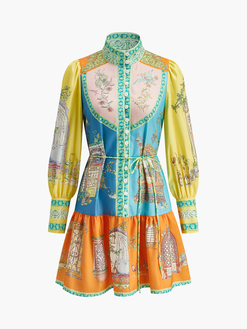 Maya Women's Floral Dress | Belted, Mock Neck, Long Sleeve