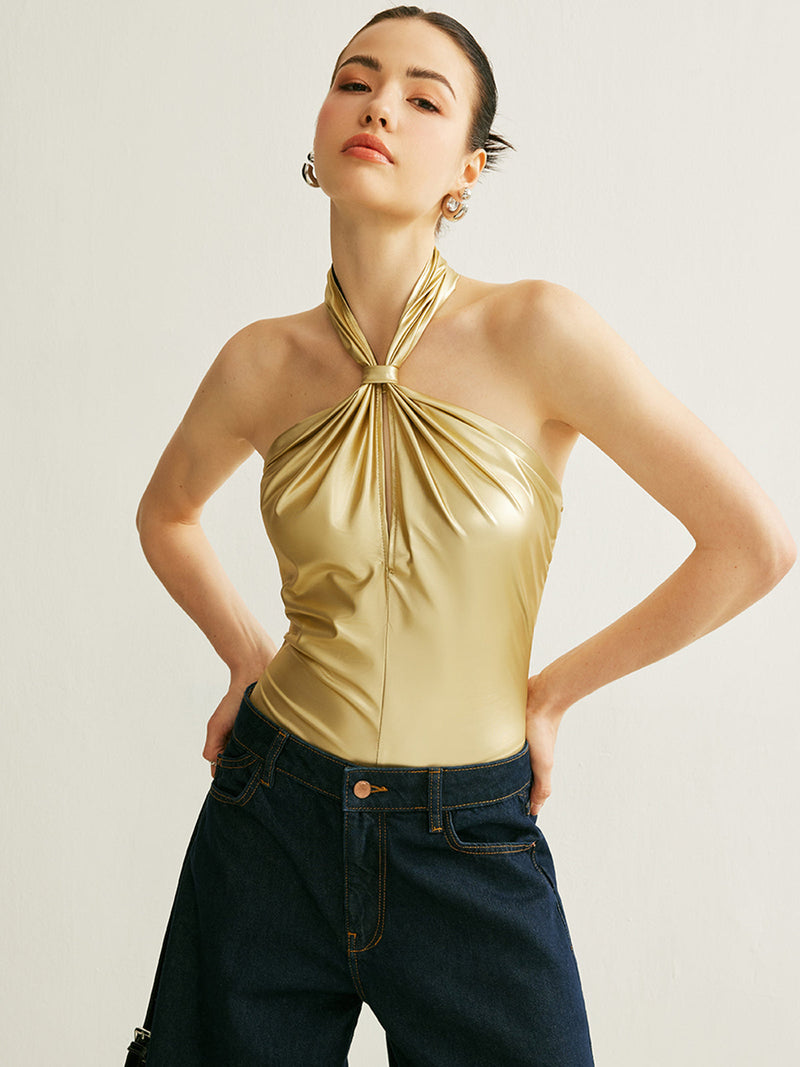 Noor Women's Bodysuit | Halter, Faux Leather, Sleeveless