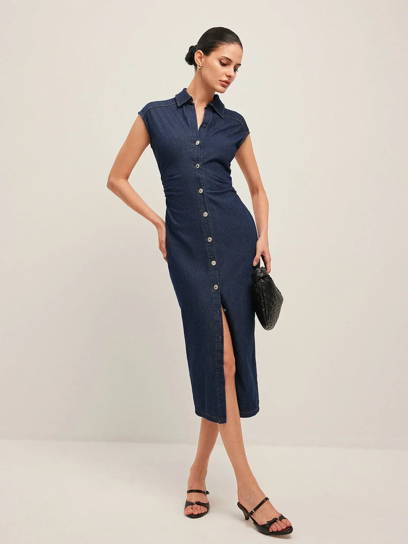Tallulah Women's Midi Dress | Denim, V-neck, Sleeveless