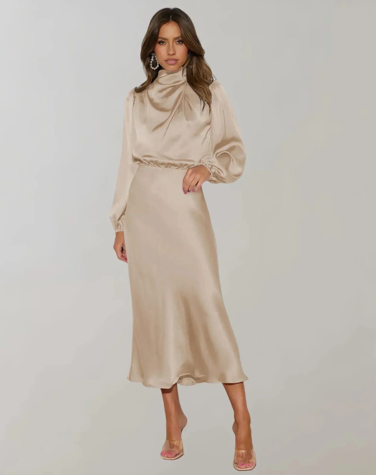 Rhea Women's Satin Midi Dress - fabric and finish detail