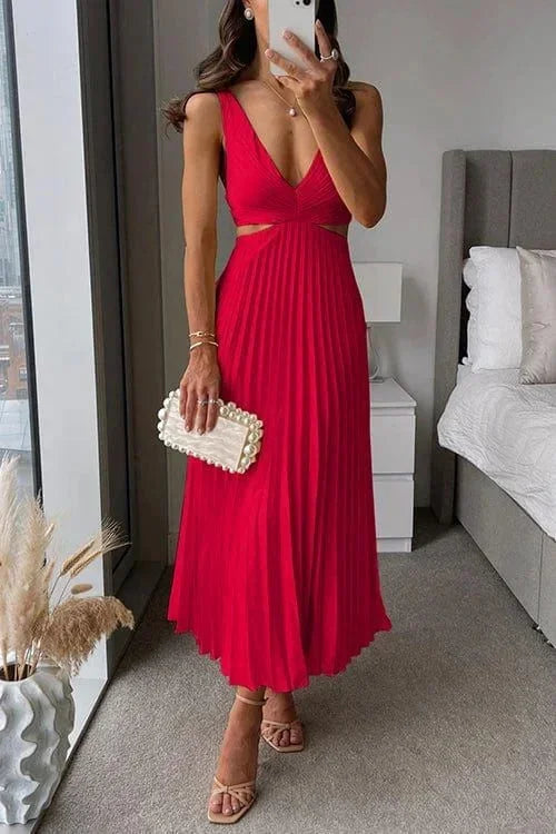 Rhea Women's Pleated Midi Dress | V-neck, Sleeveless