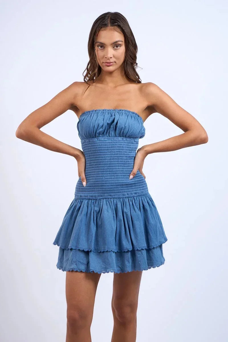 Maren Women's Mini Dress | Ruffle, Smocked, Denim