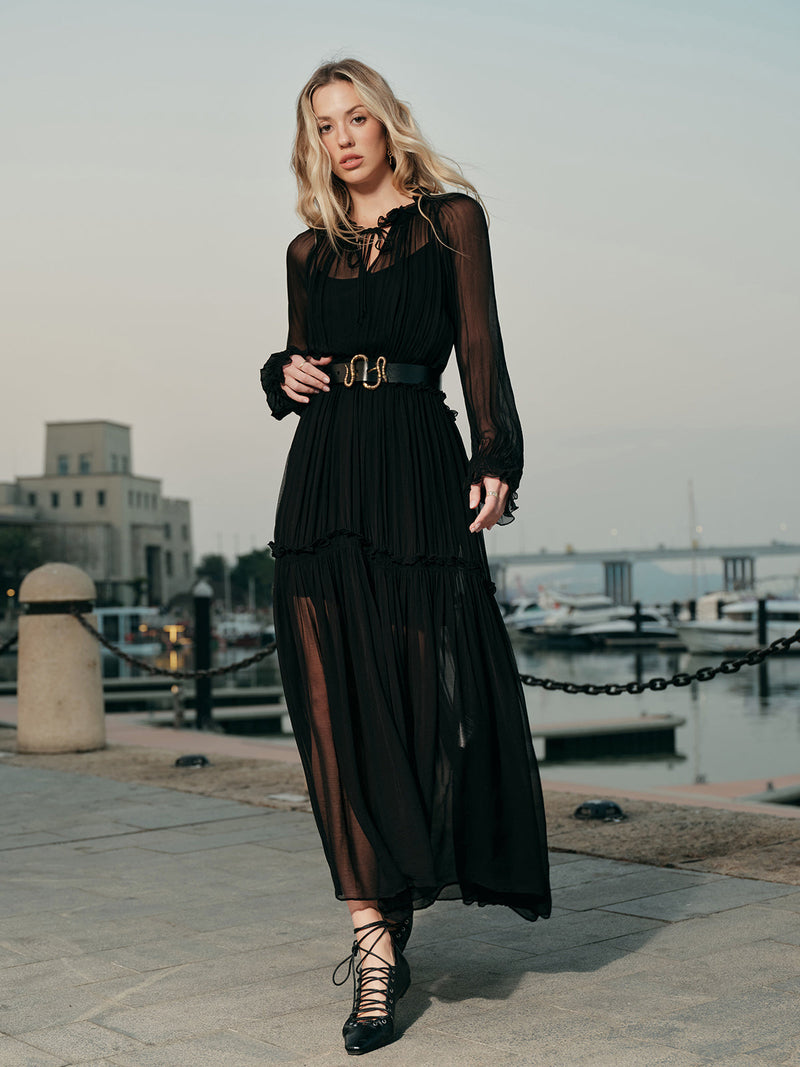 Liana Women's Ruffled Dress | Sheer, Chiffon, Crew Neck