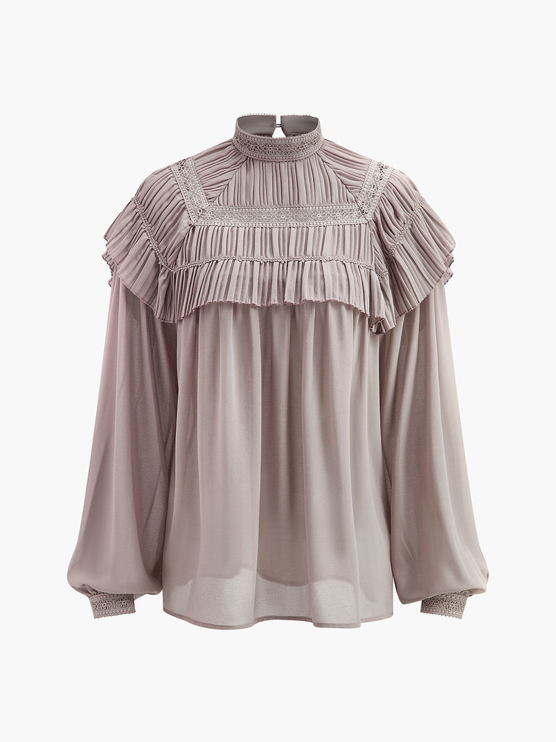 Rosa Women's Pleated Blouse | Sheer, Chiffon, Mock Neck