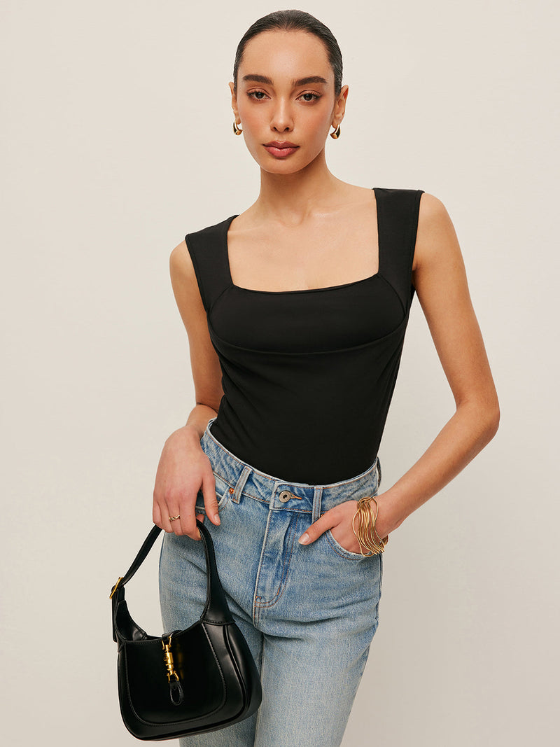 Odette Women's Pleated Tank Top | Fitted, Jersey, Square Neck