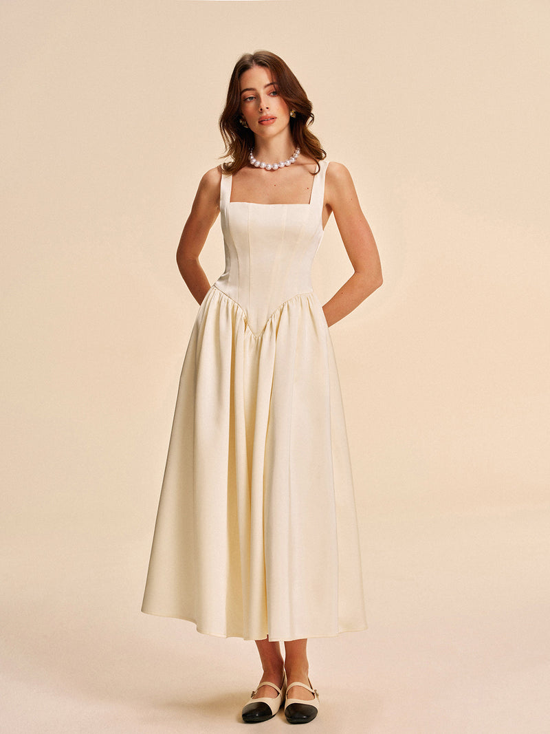 Cosima Women's Pleated Dress | Satin, Square Neck, Sleeveless