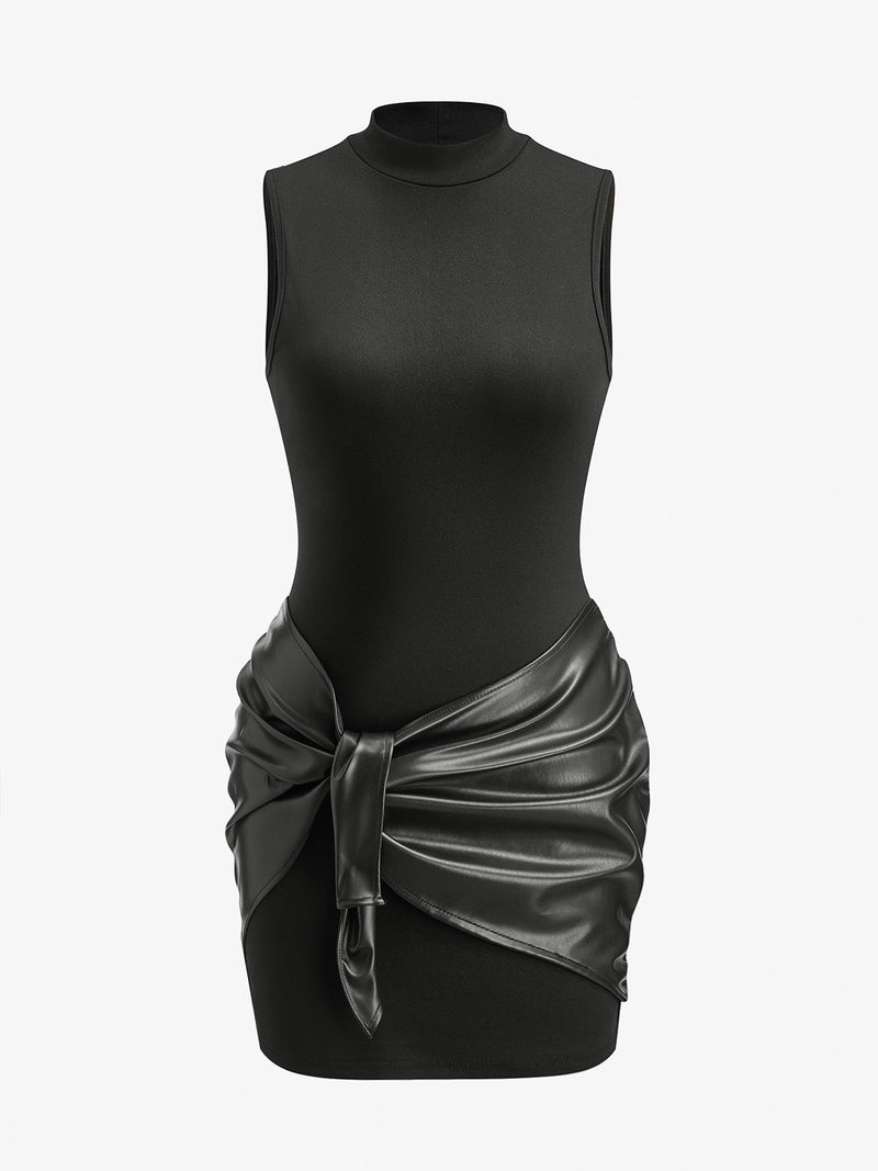 Lena Women's Pleated Dress | Stand Collar, Ruched, Faux Leather