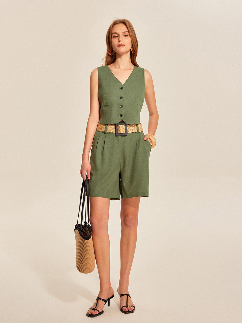 Edith Women's Linen Shorts | Belted, Cotton, V-neck