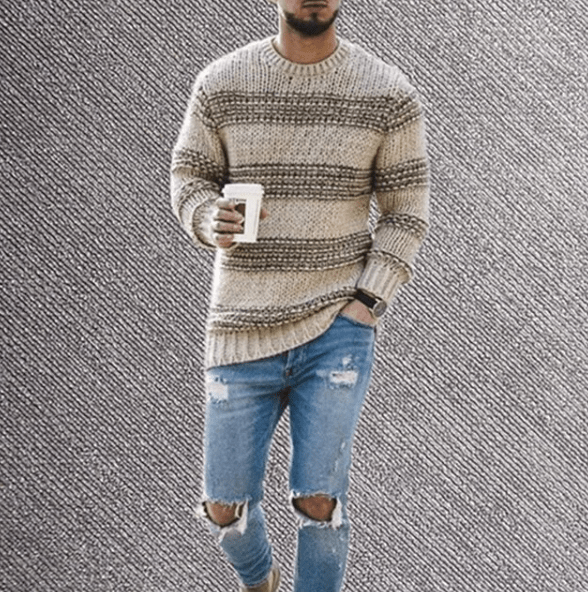 Yves Men's Striped Sweater - fabric and finish detail